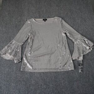 MSK Women's Bright Silver Sequin Embellished‎ Bell Sleeve Party Top